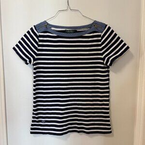 Lauren Ralph Lauren Striped Tee Sz Large Nautical Stripe Zipper Shoulders